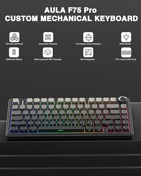 AULA F75 Pro Wireless Mechanical Keyboard,75% Hot Swappable Custom Keyboard